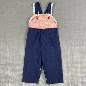 Vintage 80s Health Tex Baby 18 Mos Denim Overalls Red Floral Lace Quilted Bib